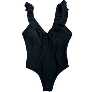BLOOMING JELLY Women’s One-Piece Swimsuit Black Plunge Neck Ruffles‎ High Cut L